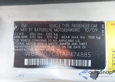 2010 BMW 335I из США, поврежденный, VIN WBAWL7C51AP474885